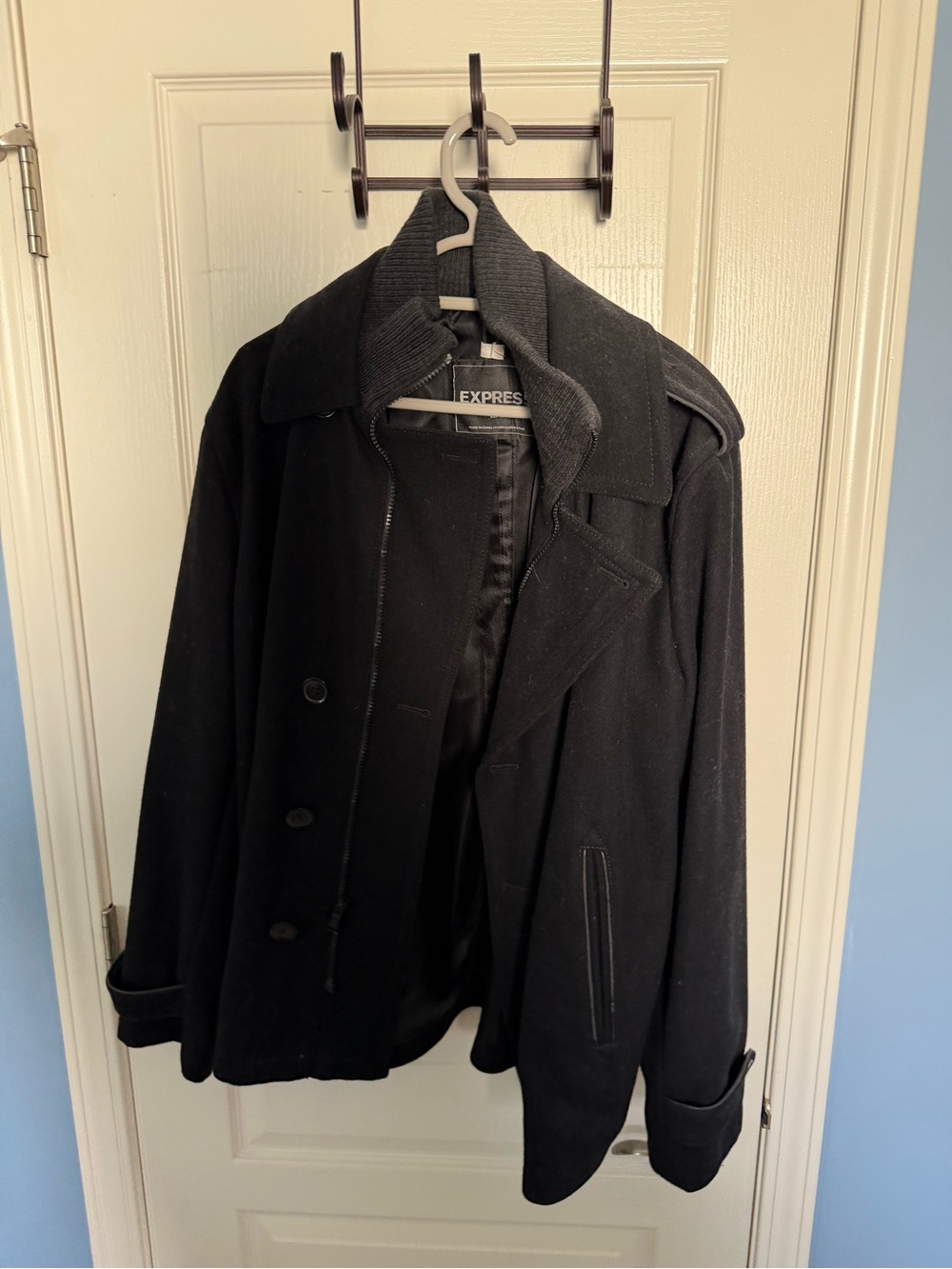 Express Black Double-Breasted Peacoat with Knit Collar
